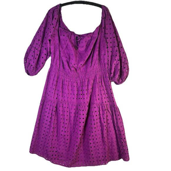 Eloquii Fuscia Eyelet Lace Tiered Dress Cotton  Puff Sleeve Peasant S 22 NWT - Picture 9 of 13